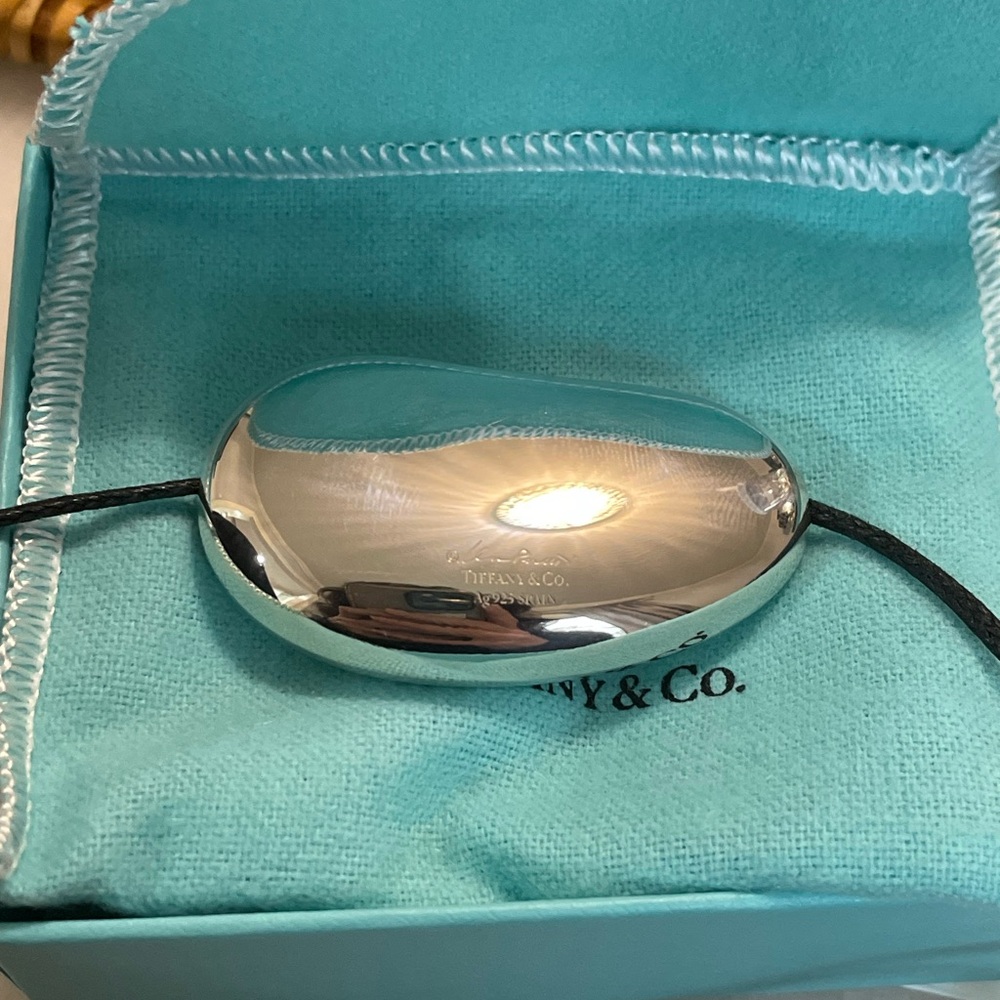 Tiffany & Co. Elsa Peretti Large Silver Bean Necklace with Leather Cord